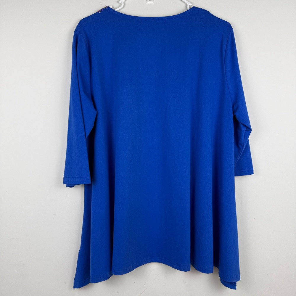 Calessa Embroidered Tunic Top Womens Large Blue Boho Peasant 3/4 Sleeve V-Neck - Picture 6 of 12